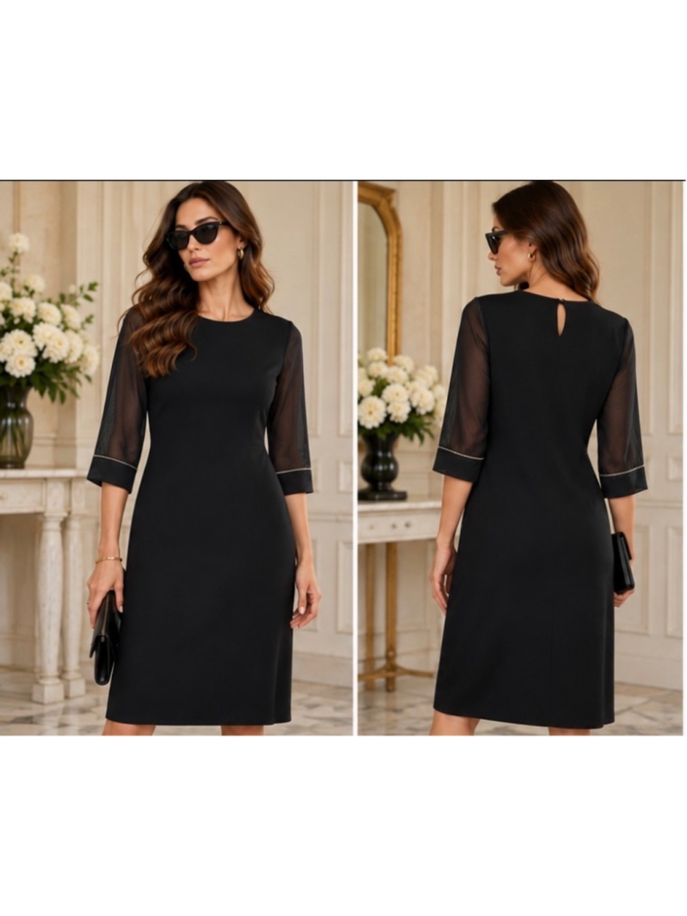 Peserico Black Midi Dress, Size 8 Sheer Sleeves Beaded Italian Luxury NWT